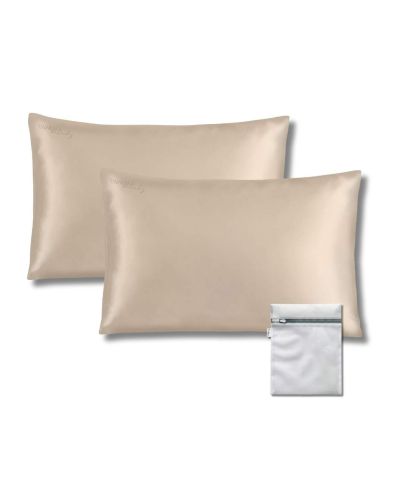 VANESSAbeauty Seidenkissenbezug 2er-Set mit Waschbeutel – Champagner